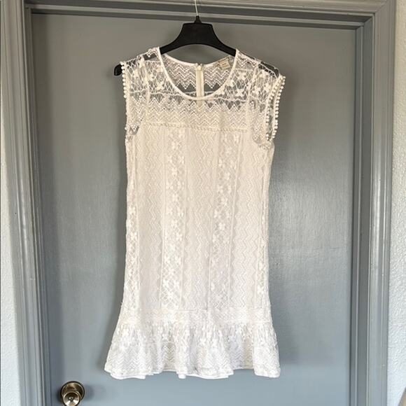 Ariat White Lace Mesh Embroidery Sleeveless Scoop Neck Dress Flounce sz M Fairy - Picture 1 of 5